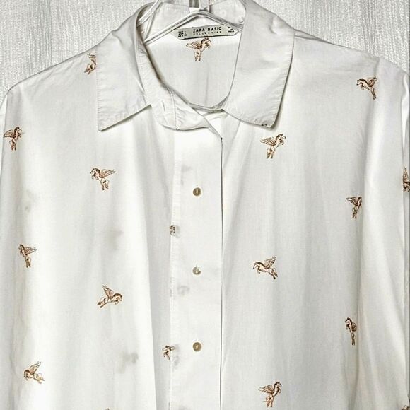 Zara Basic Gold Embroidered Pegasus Button Front Bishop Sleeves Oversized Blouse - Picture 1 of 15